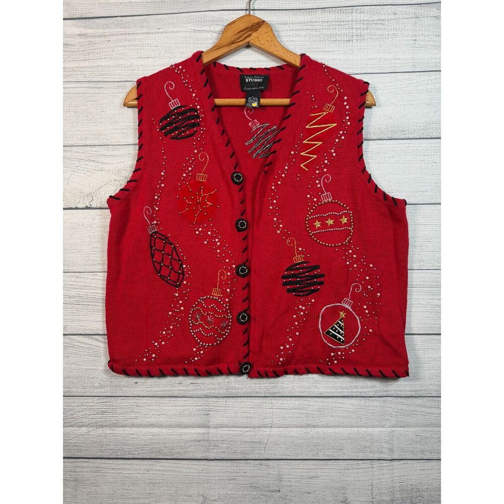 Vintage Studio Joy Women’s L Red Beaded Christmas Ornament Sweater Vest 4315